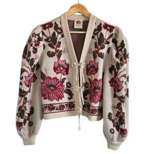 Farm Rio Knit Wool Cardigan Size Medium Tan Floral Tie Front Ravenala Thick